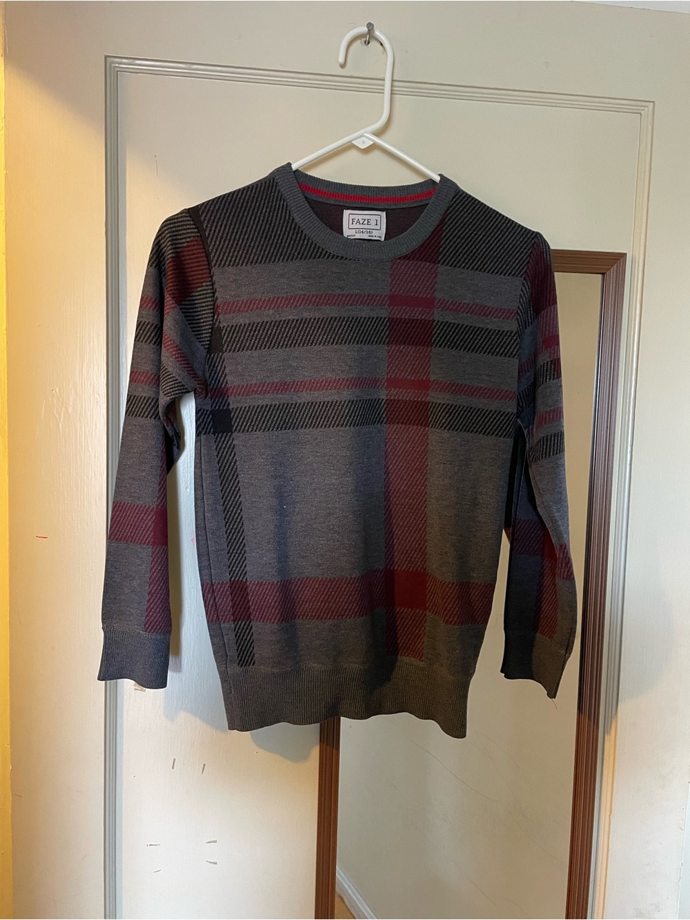 Kids Gray and Burgundy Plaid Crewneck Sweater